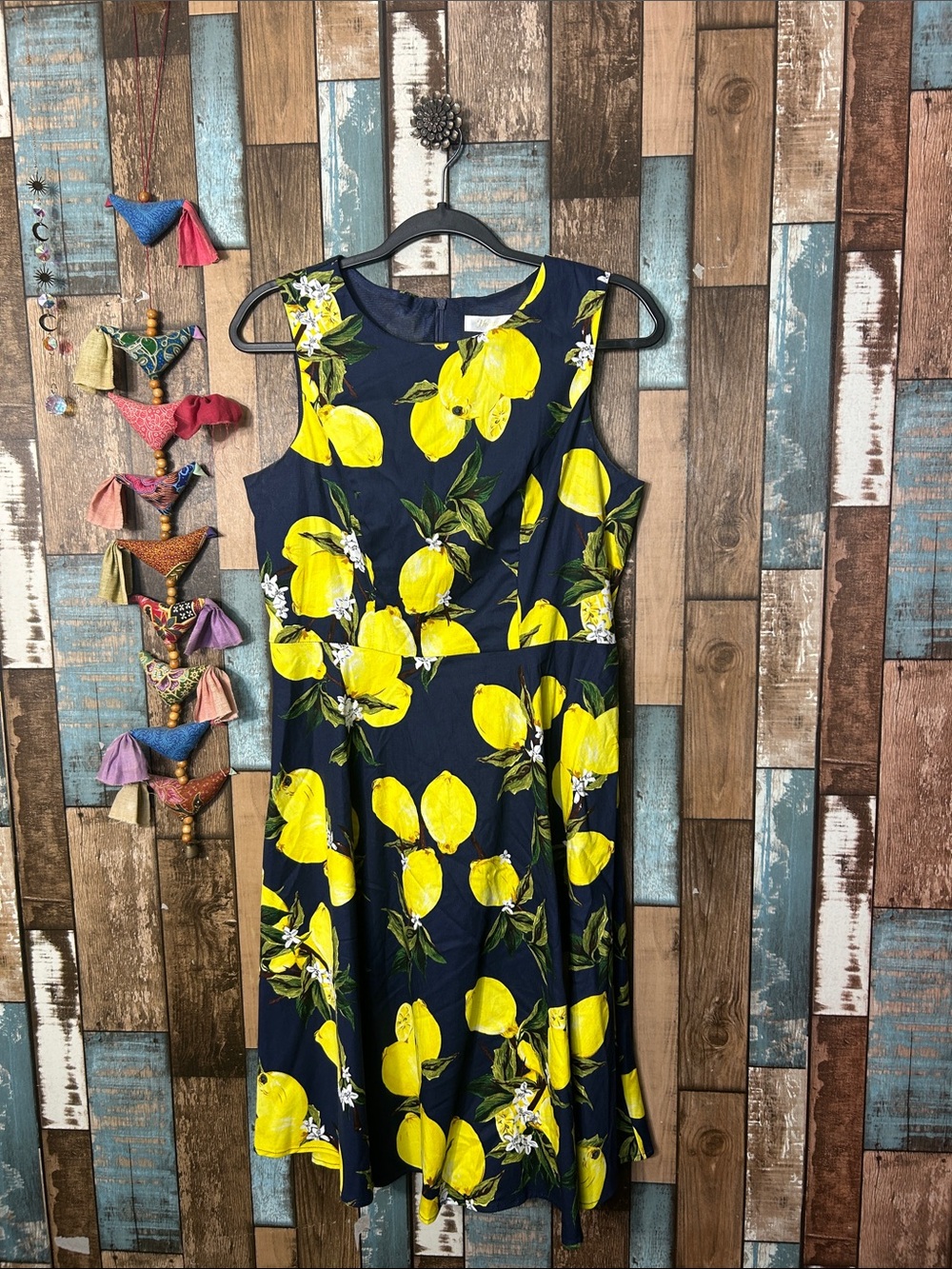 Sleeveless Navy Dress with Yellow Lemon Print